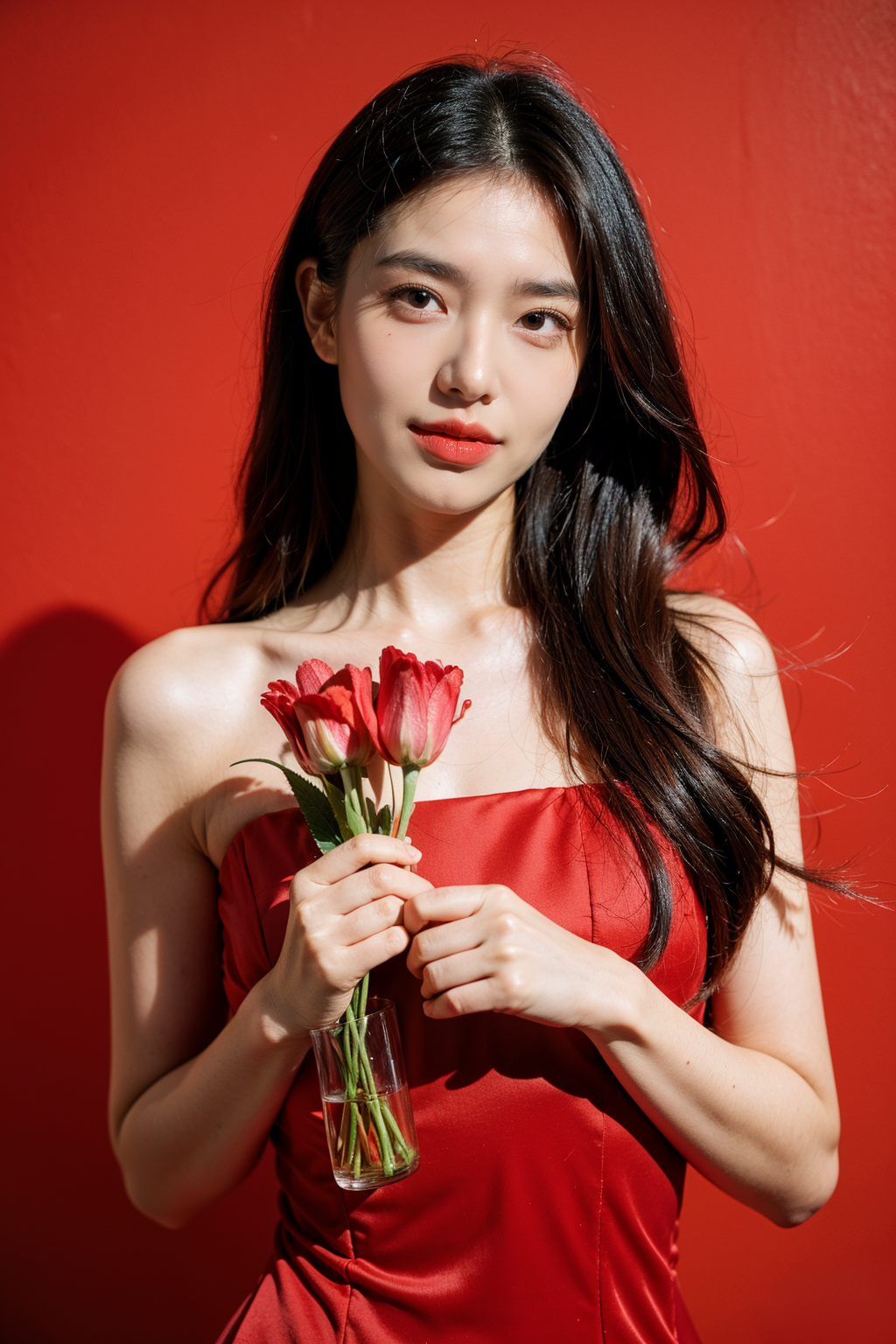 03479-3207257347-1girl, solo, long hair, black hair, holding flower, red dress, red background, (text _happy new year 2024_), look at viewer, por.png